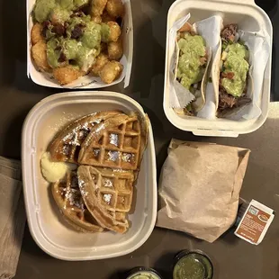 waffles and guacamole on a table