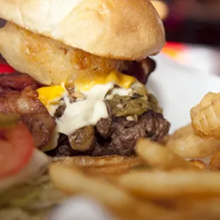 a hamburger and french fries