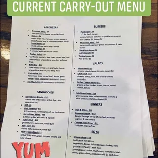 Current carry-out menu