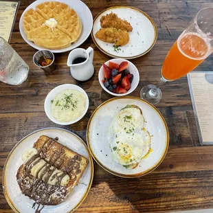 Chicken and waffles, banana Nutella French toast and avocado toast. Mango mimosas.