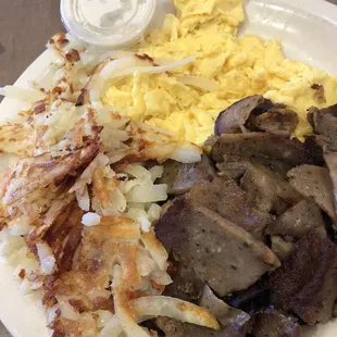 Scrambled eggs, gyro meat and hash browns. All tasty!