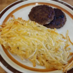 Sausage patties and golden fried hashbrowns