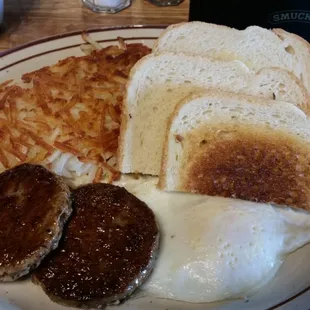 Eggs, turkey sausage, hashbrowns, &amp; toast