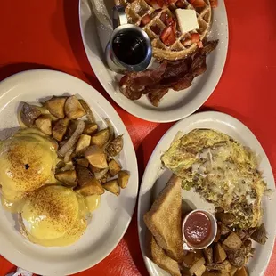 Eggs Benedict with Smoked Salmon , Savory Southwest Omelet , Belgian Malted Waffle w/strawberries