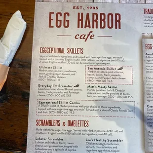 a menu for egg harbor cafe