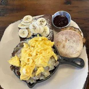 Customized Skillet, English Muffin, Jam, Banana Bread French Toast