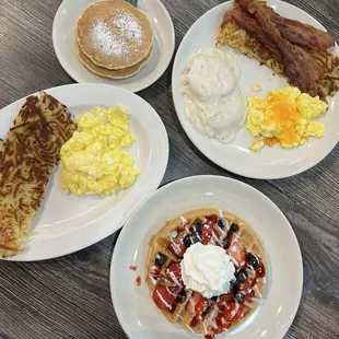 Waffle Special with Very Berry Waffle, Hashbrowns.  Biscuits &amp; Gravy, cheesy eggs, bacon, Hashbrowns and a side of pancakes.