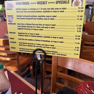 Weekly specials menu