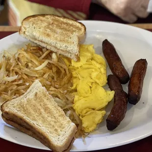 Eggs, sausage link, hashbrowns, and white toast