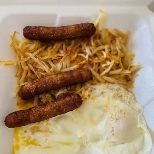 Eggs over medium, sausage links and hash browns