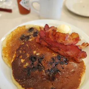 Blueberry pancakes with a side of Bacon