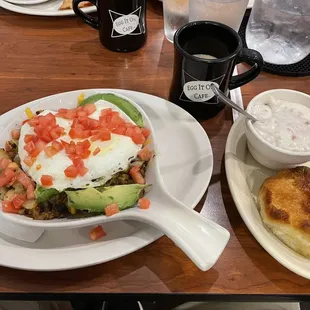 Skillet with chorizo, green chilies and tomatoes (add avocado).