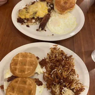 Waffle sliders and Loaded Potato Cakes