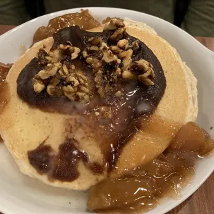 Seasonal menu. Spiced fall pancakes. 4 vegan pancakes with apple butter, seasoned apples with walnuts.