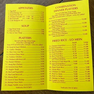 Menu with updated prices