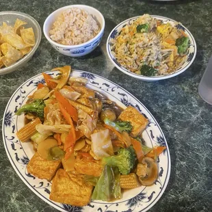 bean curd and veggies, rice, veggie fried rice