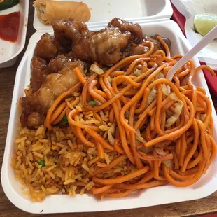 portion sizes are so good for the price! chow mein, rice, orange chicken and egg roll