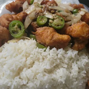 Salt and pepper chicken with rice lunch plate