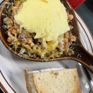 Works Skillet with scrambled eggs and sourdough toast.