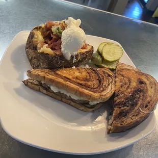 Patty melt and loaded baked potato