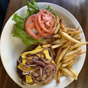 American Burger with grilled onions and fries - meat was juicy! Tasted good!