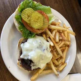 Mushroom Swiss burger with grilled onions, mushrooms and fries. Mother-in-law enjoyed it!