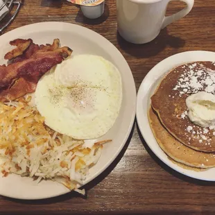 Sweet potato pancakes, hash browns, egg over medium, bacon