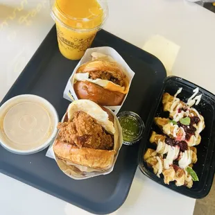 THE COUNTRY FRIED CHICKEN CHORIZO EGG &amp; CHEESE MIXED BERRY CHEESECAKE WAFFLE ORANGE JUICE