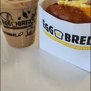 Scrambled egg sandwich and cold brew