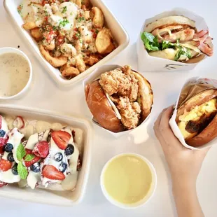 Poutine, Red Velvet Cheesecake Waffle, Country Fried chicken, Ben Franklin, scramble me softly @foodforfoodbabies