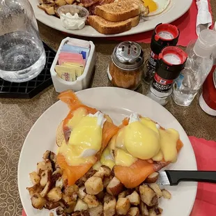 Salmon Benedict and American Breakfast