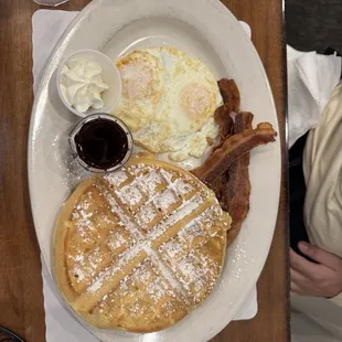 Waffle with bacon and two over easy eggs. Very very good!!