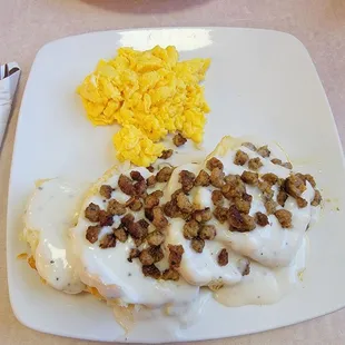 Biscuits and sausage gravy with scrambled eggs!