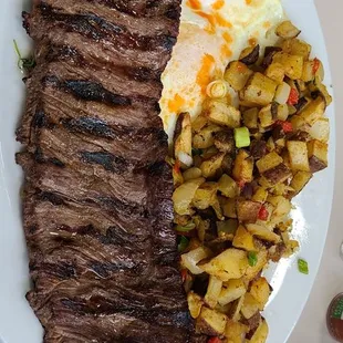 steak, potatoes, and eggs