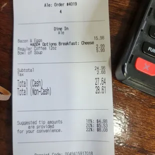 the receipt for the breakfast