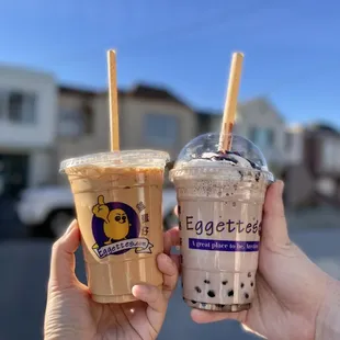 Milk tea, rocky road frappe with boba