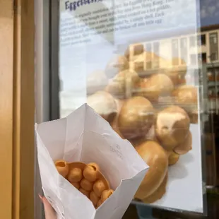 a person holding a bag of eggs