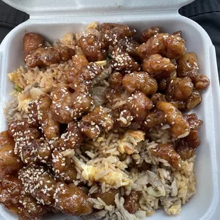 a take out container of food