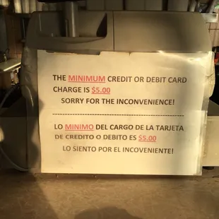 the minimum credit or debit card charge for the inconvence