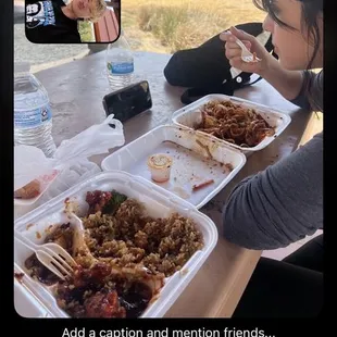 Orange chicken, eggrolls, the noodles and chicken and the loml