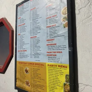 a menu on the wall
