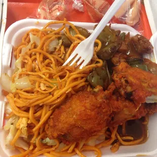 This was my plate I enjoyed the fried chicken very much pepper chicken and chow main