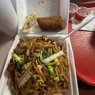 Combo lo mein, egg roll, wonton