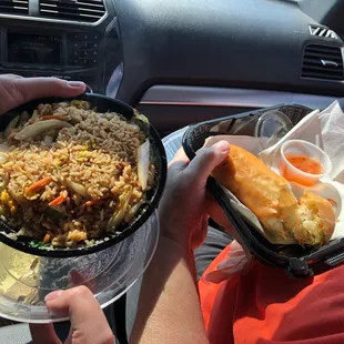 An egg roll and fried rice