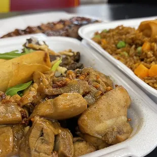 Adobo chicken, Beef Steak and white rice