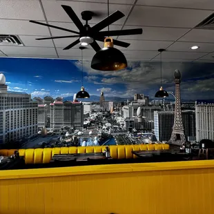 Mural with eggs on top of Las Vegas famous places.
