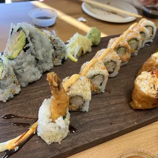 California Roll, crunch infinite roll, crab inari, spicy tuna inari