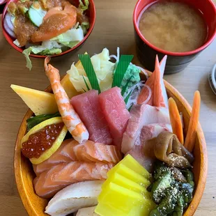 Chirashi special (includes salad and miso soup - and there is rice under the substantial food in the bowl)