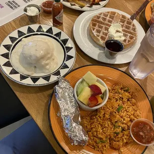 Scrambled chorizo and biscuits and gravy