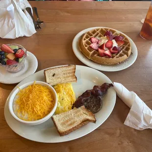 waffles, bacon, and fruit